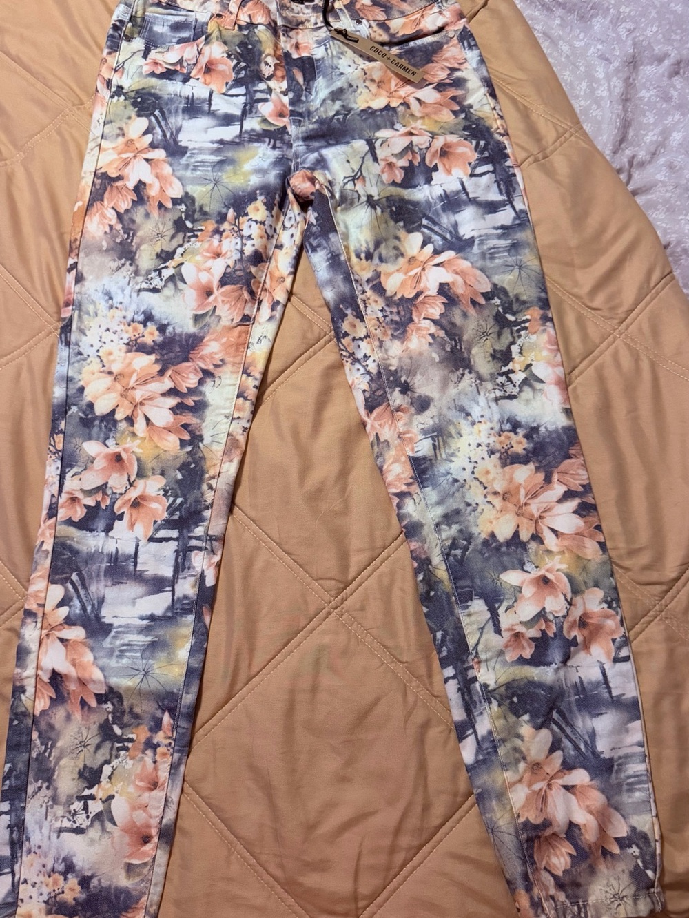 Coco + Carmen Peach Floral Skinny Jeans